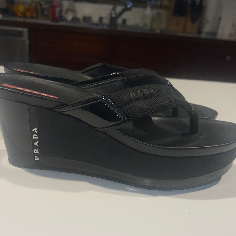 Prada Black Wedge Flip-Flip flop sandal size 38 new! No box - Picture 8 of 8